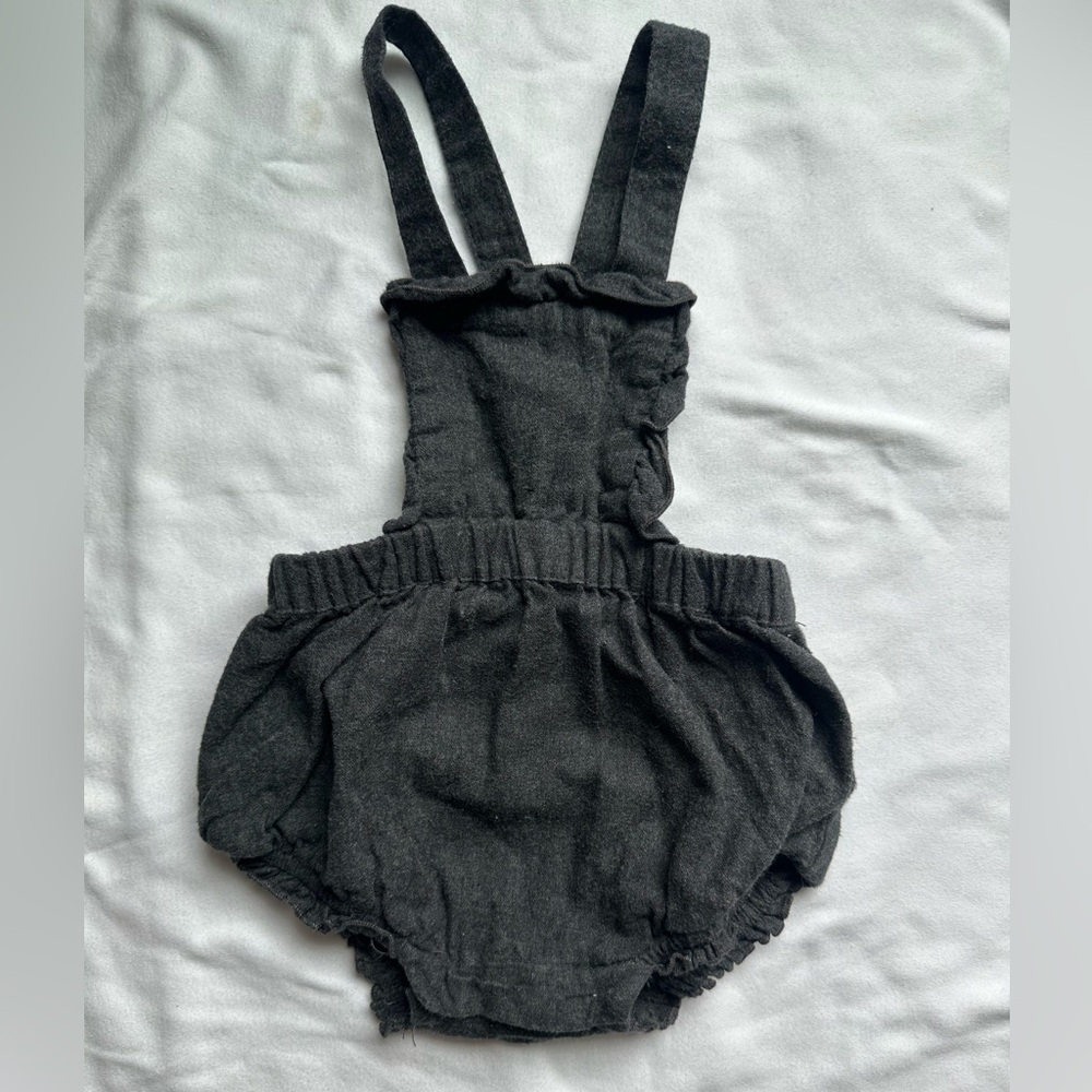 Zara Baby Girl Charcoal Gray Linen Bubble Romper with Ruffle Detail